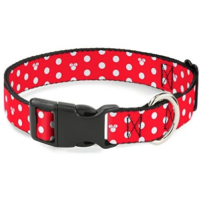 Image of Buckle Down Plastic Clip Collar Minnie Mouse Polka Dot/Mini Silhouette Red/White 1.5&quot; Wide Fits 16 23&quot; Neck Medium