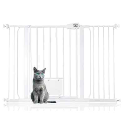 Image of Bettacare Pet Gate with Lockable Cat Flap, 120.3cm 127.9cm, White, 75cm in Height, Dog Safety Barrier Easy Installation