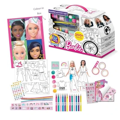 Image of BLADEZ Barbie Bumper Activity Set, Arts and Crafts, Licensed Stationary Set with pens Stickers, Colour in Camper Van, 300+ Pieces, Creative Maker Kitz Toyz