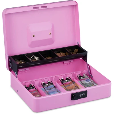 Image of Relaxdays Money Box with Combination Lock, 3 Digits, Compartments for Notes and Coins, Lockable, Iron, Pink