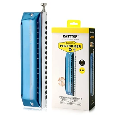 Image of East top Chromatic Harmonica 16 Hole 64 Tone Key of C, Professional Mouth Organ Advanced For Adults, Students and Lovers with Blue Cover (EAP 16)