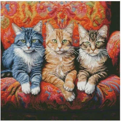 Image of 3 Cats on Sofa Counted Cross Stitch Kits,100% Cotton,200x200 Stitch,36x36cm cat