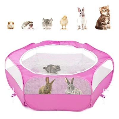 Image of Pawaboo Small Animals Playpen, Waterproof Pet Cage Tent with Zippered Cover, Portable Outdoor Yard Fence 3 Metal Rod for Kitten/Puppy/Guinea Pig/Rabbits/Hamster/Chinchillas, Magenta