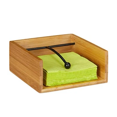Image of Relaxdays Serviette Holder with Metal Weight Ball, Bamboo, Size 25 x cm, Napkin Tray, Natural, 17 16 7 cm