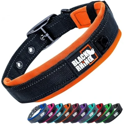 Image of Black Rhino, The Comfort Collar, Dog Collar for All Breeds, Ultra Soft Neoprene Padded Sturdy, Adjustable, Reflective Weather Resistant, Extra Large, Orange/Black