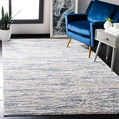 Image of SAFAVIEH Modern Abstract Rug for Living Room, Dining Bedroom Amelia Collection, Short Pile, in Ivory and Blue, 91 X 152 cm