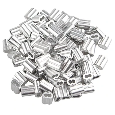 Image of Futheda 100 pcs Aluminum Crimping Loop Sleeve Clips with Double Ferrules/Holes for 2.0mm Cable Wire Rope Silver Tone
