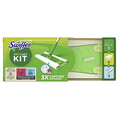 Image of Swiffer Starter Kit for Cleaning Floors with 1 mop, 8 Refills Dry and 3 Wet Wipes Piece