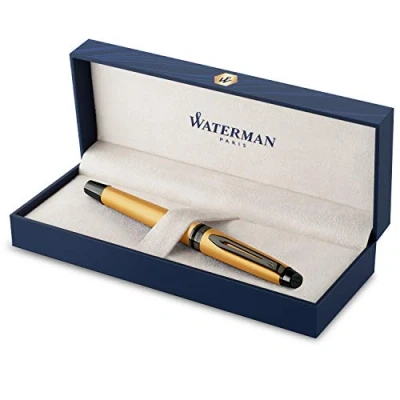 Image of Waterman Expert Fountain Pen Metallic Gold Lacquer With Ruthenium Trim Fine PVD Coated Stainless Steel Nib Blue Ink Gift Box