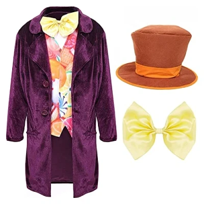 Image of Chocolate Factory Boss Costume For Boys XLarge Kids Fancy Dress Purple Coat Candy Print Waistcoat Golden Bow Tie Oversized Hat World Book Day Week