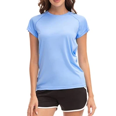 Image of MEETWEE Swim Shirts for Women, Short Sleeve T Shirt Athletic Casual Tops Quick Dry UPF 50+ Running Surfing Workout Yoga Sun Tee Blue