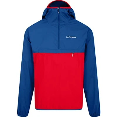 Image of Berghaus Men&#039;s Corbeck Windproof Hooded Half Zip Smock Windbreaker, Red/Blue, XS