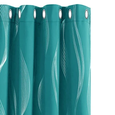 Image of Deconovo Super Soft Blackout Curtains Eyelet Thermal Insulated Room Darkening Silver Wave Line Foil Printed for Bedroom 66x72 Inch Turquoise 2 Panels