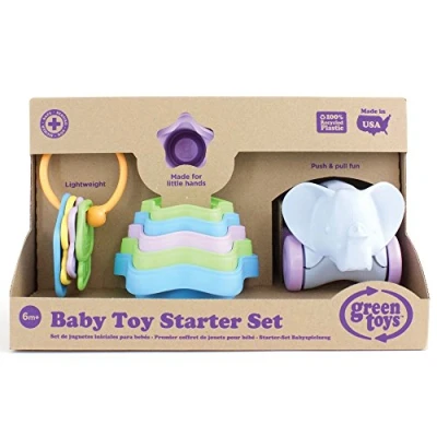 Image of Green Toys BTS1 1236 Baby Toy Starter Set First Keys, Stacking Cups and Push/Pull Elephant