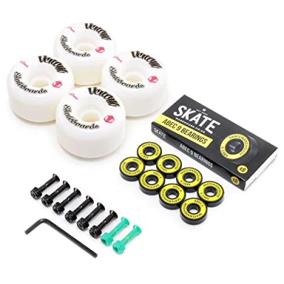 Image of Venom Skateboards Logo White Skateboard Wheels 60mm &amp; Skatewarehouse ABEC 9 Bearings Set + Bolts!