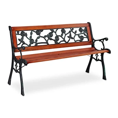 Image of Relaxdays Garden Bench with Rose Pattern, 2 Seater, Wood &amp; Cast Iron, Balcony Terrace, 73x125x52.5 cm, Natural/Green