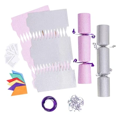 Image of evelay 12 Make Your Own Christmas Cracker Kit DIY Silver &amp; Baby Pink Glitter Crackers Hats Snaps Jokes (Silver, Pink)