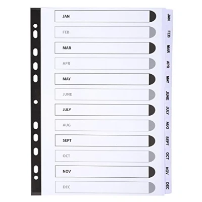 Image of Exacompta Ref MWDJ DZ Mylar Printed Indices For Use WithA4 Documents, Pre Punched, 160gsm White Card with Reinforced Plastic Tabs, FSC Certified 12 Part Dividers (Jan Dec)