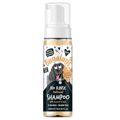 Image of BUGALUGS No Rinse Oatmeal dog shampoo Professional grooming dry for itchy skin relief. Puppy from 8 weeks, foam sensitive