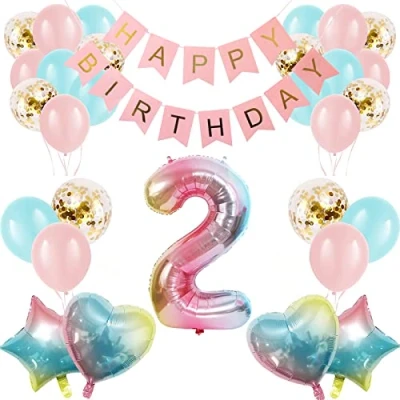 Image of Apradas Baby Girl 2nd Birthday Decorations Gradient Color Age 2 Balloons with Happy Banner for Showers Second Party Supplies Girls Boys (2nd Birthday)