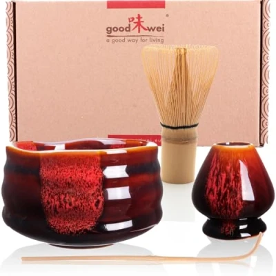 Image of Goodwei Matcha Set with Whisk, Spoon and Ceramic Bowl Whisk Holder in Matching Design Artisanal Tea Chawan Gift (Akai, 80)