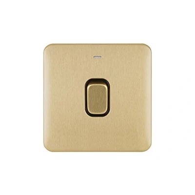 Image of Schneider Electric Lisse Screwless Deco Single Light Switch, with Neon Indicator,Double Pole, 20AX, GGBL2011BSB, Satin Brass Black Insert
