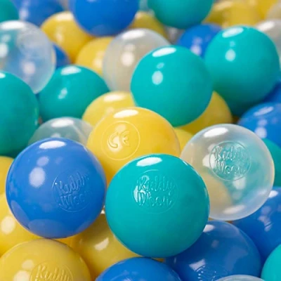 Image of KiddyMoon Soft Plastic Play Balls For Children 200 Balls/6Cm 2.36In Colourful Made In EU, Turquoise/Blue/Yellow/Transparent