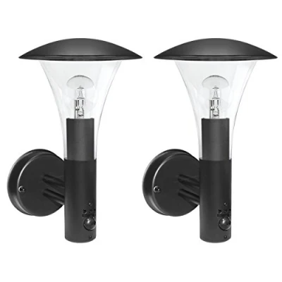 Image of 2 x Outdoor Garden Black Stainless Steel PIR Wall Light Lantern IP44 ZLC050 Security Motion Sensor Movement Detector