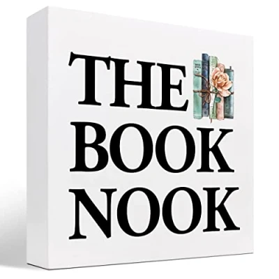 Image of KOPUTE The Book Nook Bookshelf Wood Block Sign Desk Decor,Funny Librarian Lover Wooden Box Plaque Decor for Home Shelf Table 5 x Inches