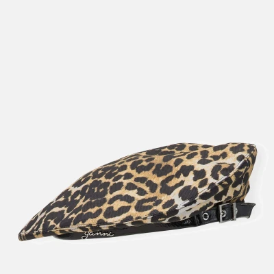 Image of Ganni Leopard Print Organic Cotton Twill Beret XS/S