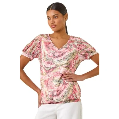 Image of Roman Originals Blouson Top for Women Ladies Stretchy Jersey Puff Sleeve Summer Smart Casual Office Work Spring Everyday Evening Vacation Holiday V Neck Red Animal Size 18