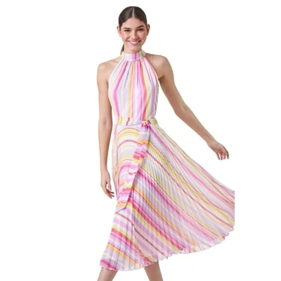 Image of Roman Womens Stripe Print Pleated Midi Dress Multicolour Size 12 UK