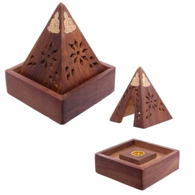 Image of Decorative Sheehsam Wood Incense Cone Pyramid Box