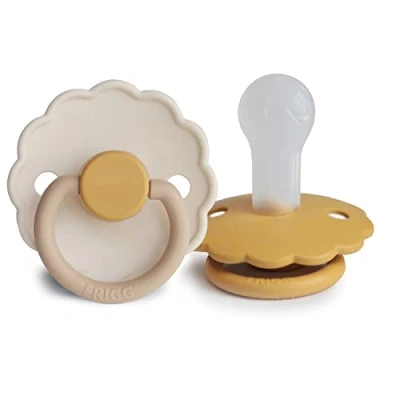 Image of FRIGG Daisy Silicone Pacifier Pack of 2 Soother Dummy BPA Free Made in Denmark Symmetrical Cherry Shaped Nipple (Chamomile/Honey Gold, Size (6 18 Months))