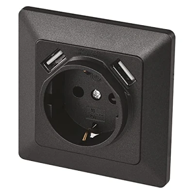 Image of EMOS A6000.3 Flush Mounted Socket with 2 x USB Port Schuko, System 55 Earthing Contact Socket, 5 V / 2.1 A for Mobile Phone or Smartphone Charging, Anthracite, 4000 W, 250 V, Black