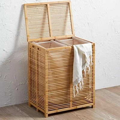 Image of Bakaji Dirty Bamboo Laundry Basket with Grey Fabric for Home Bathroom 2 Compartments Space Saving Storage Box Lid and Extendable Bag, 50 x 35 60 cm