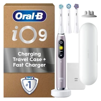 Image of Oral B iO9 Electric Toothbrushes For Adults, App Connected Handle, 3 Toothbrush Heads, Charging Travel Case &amp; Head Holder, 7 Modes, 2 Pin UK Plug, Rose