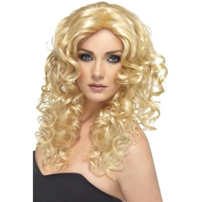 Image of Smiffys Glamour Wig, Blonde Long, Curly, Ladies Wigs Fancy Dress, Adult Dress Up