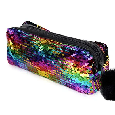 Image of PHOGARY Mermaid Sequins Pencil Case for Girls, Secondary School Bags with Fluffy Zipper, Pouch Holographic Pen Organizer Students, Women Glitter Makeup (Rainbow)