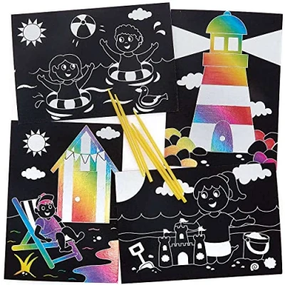 Image of Baker Ross FC783 Seaside Scratch Art Pictures Pack of 8, Crafts for Kids, Kids Pictures, Black