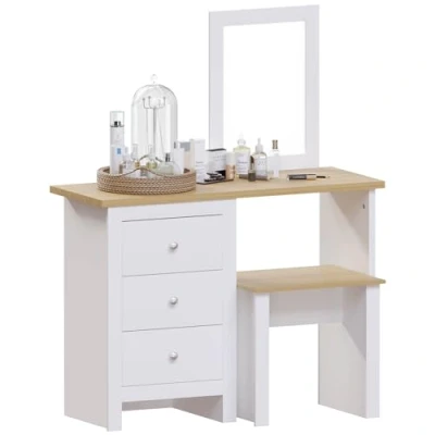 Image of Vida Designs Arlington Dressing Table 3 Drawer Stool Mirror Vanity Set Bedroom Makeup White