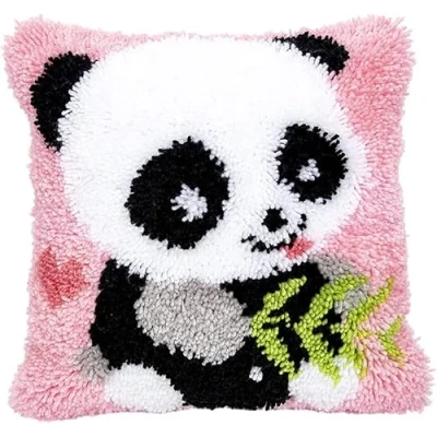 Image of CAIRF Pink Panda Pattern Latch Hook Kits DIY Throw Pillow Cover Sofa Cushion Pillowcase Embroidery Kit for Starters Adults or Children, 43 X cm