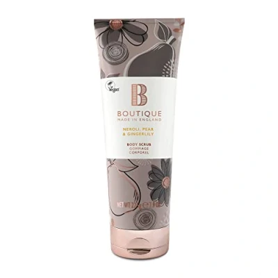 Image of Boutique Neroli, Pear &amp; Gingerlily Fragrance Body Scrub, 225ml, Exfoliating Refreshing Essential Oils Vegan and Cruelty Free, No SLS or Parabens Made In England