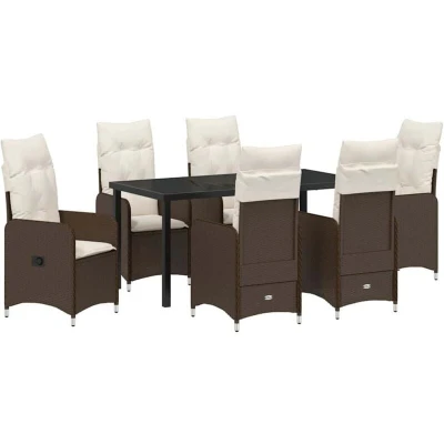 Image of vidaXL 7 Piece Garden Dining Set with Cushions Brown Poly Rattan