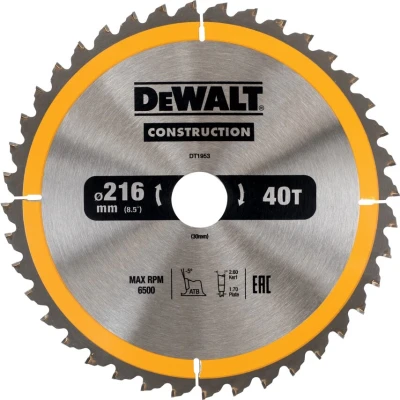 Image of DEWALT DT1953 QZ Hoja para construcción 216x30mm 40D, Yellow/Black, 216/30 mm 40WZ