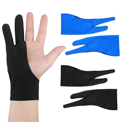 Image of Artist Drawing Tablet Gloves Two Finger Graphics Painting Anti Fouling Free Size Glove Creative Both Right and Left Hand Reduce Friction Smudge 4 Pack Black Blue