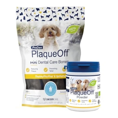 Image of ProDen PlaqueOff 100% Natural Tartar &amp; Bad Breath Remover for Dogs 180g Dental Powder with 20 Mini Bones Bundle Healthy Teeth Fresh
