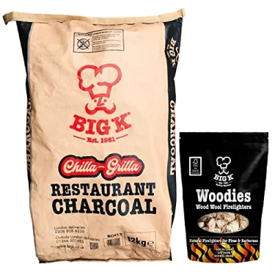 Image of Big K Chilla Grilla Restaurant Grade Lumpwood Charcoal 12kg Bag &amp; Woodies Natural Wood Wool Firelighters 300g with Topline Card. Perfect for Outdoor Barbecues, Camping BBQs.