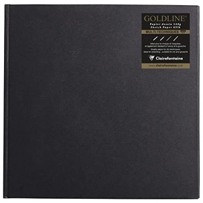 Image of Clairefontaine Ref 34251C Goldline Casebound Square Pad (64 Ivory Sheets) 25 x 25cm Size, 140gsm Paper, Layout Black Cover Suitable for Dry Techniques