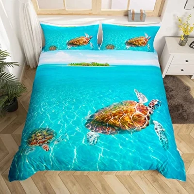 Image of Loussiesd Blue Ocean Duvet Cover Set Single Size 3D Turtle Bedding Hawaii Sea Beach Decorative Microfiber Comforter with 1 Pillow Shams, Zipper, Soft Lightweight 2 Pieces for Kids Girls